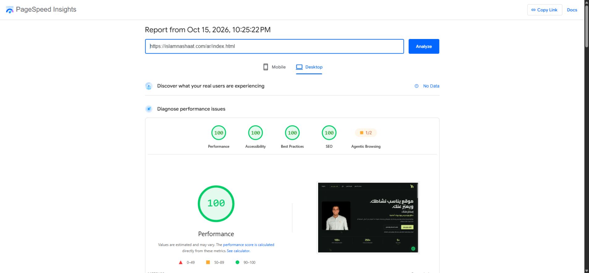 Islam Nashaat services website — PageSpeed 100/100